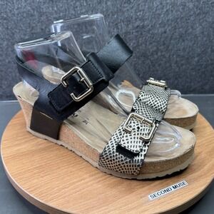 MEPHISTO Womens Wedge Sandals Black Snake Print Cork Footbed Buckle Size‎ 39
